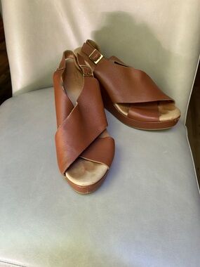 Garnet Hill Italian Leather Cognac Crisscross Slingback Wedges
